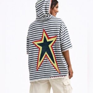 Oversized Organic Cotton Hooded Top, Star Appliqué Striped Boho Unisex Hoodie